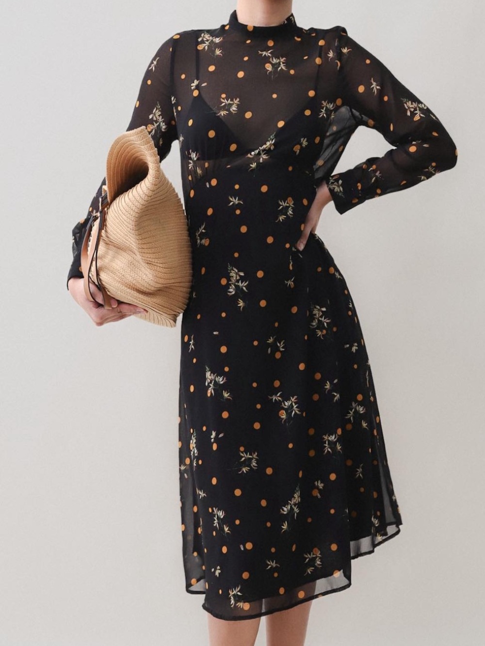 Zara Black Floral Orange Polka Dot Mock Neck Sheer Long Sleeve Mesh MIDI Dress S